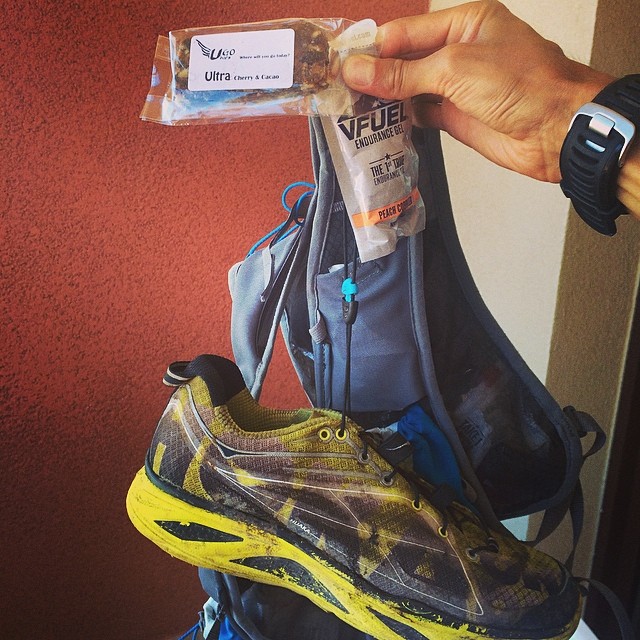 Sage showing off his sponsors after his 3rd place finish at Transvulcania.
